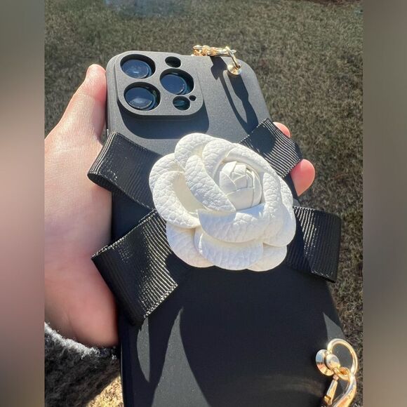 Elegant Chain Strap iPhone 15 pro max Case with White Flower Accent - Picture 7 of 9